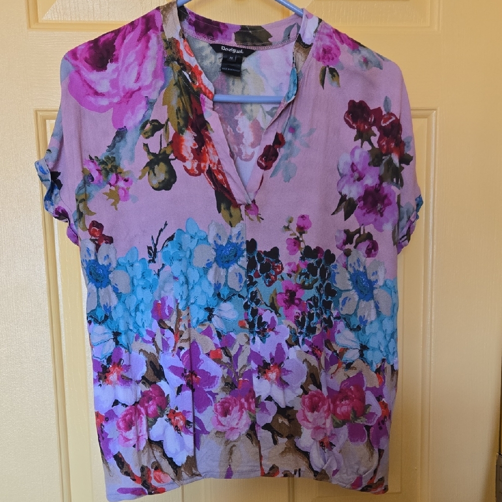 Desigual Pink and Purple Relaxed Blouse with Short Sleeves
